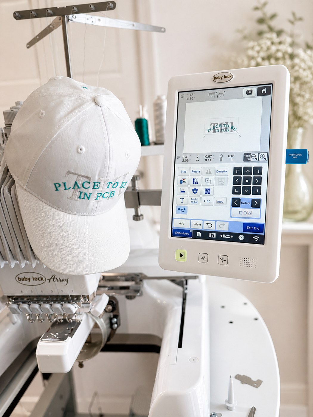 Blue Clover’s embroidery machine stitching a white cap