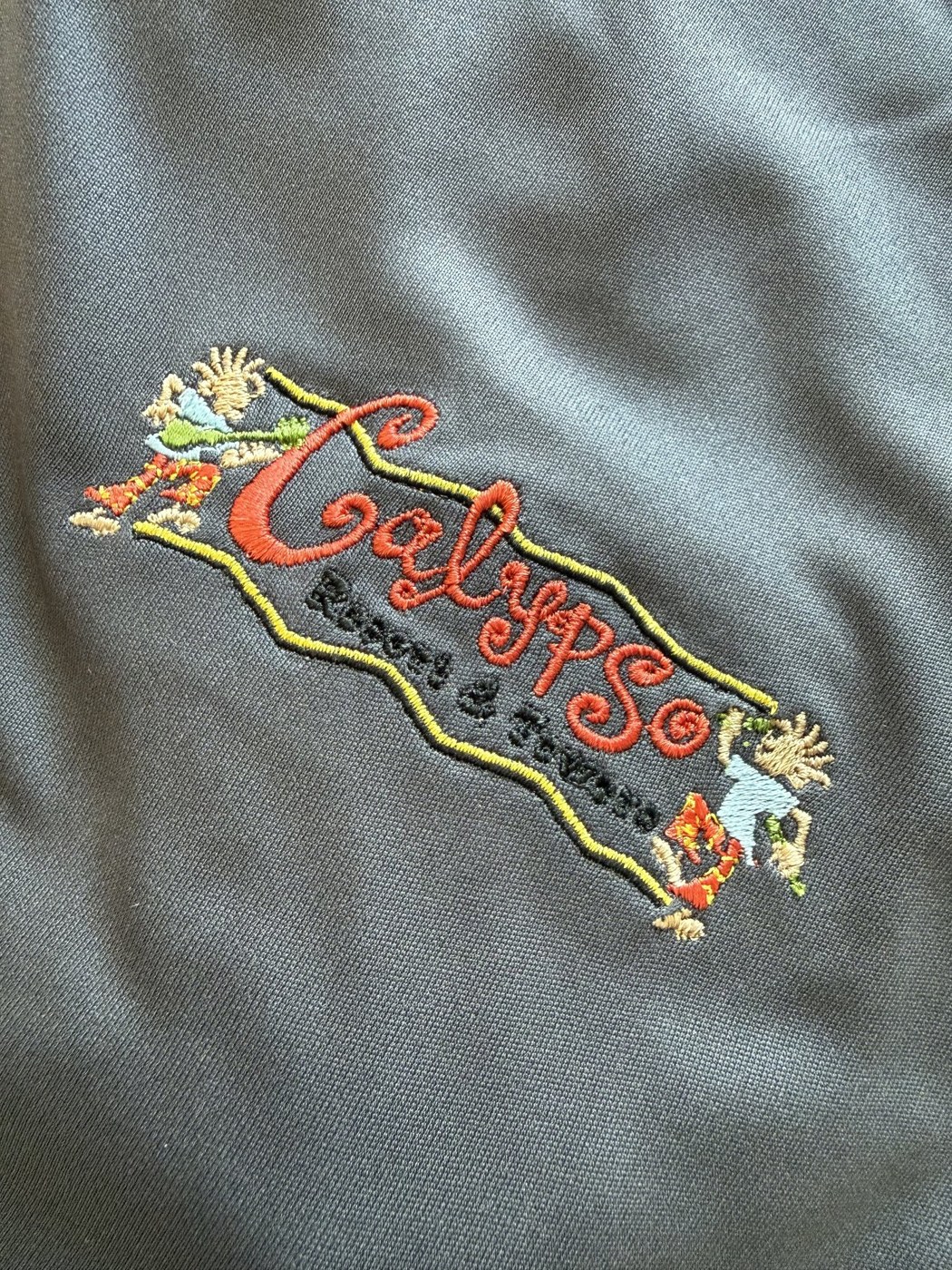 Close view of detailed multicolor logo embroidery